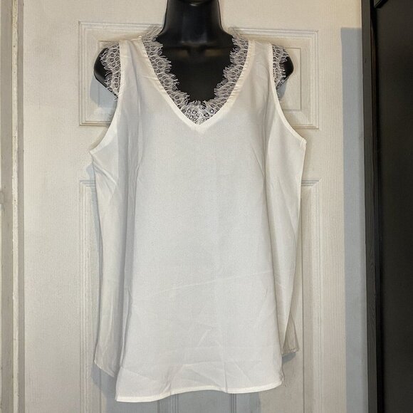 Women Sheer Chiffon Lace Trim V-Neck Sleeveless Blouse Small White Curve Hem - Picture 1 of 16